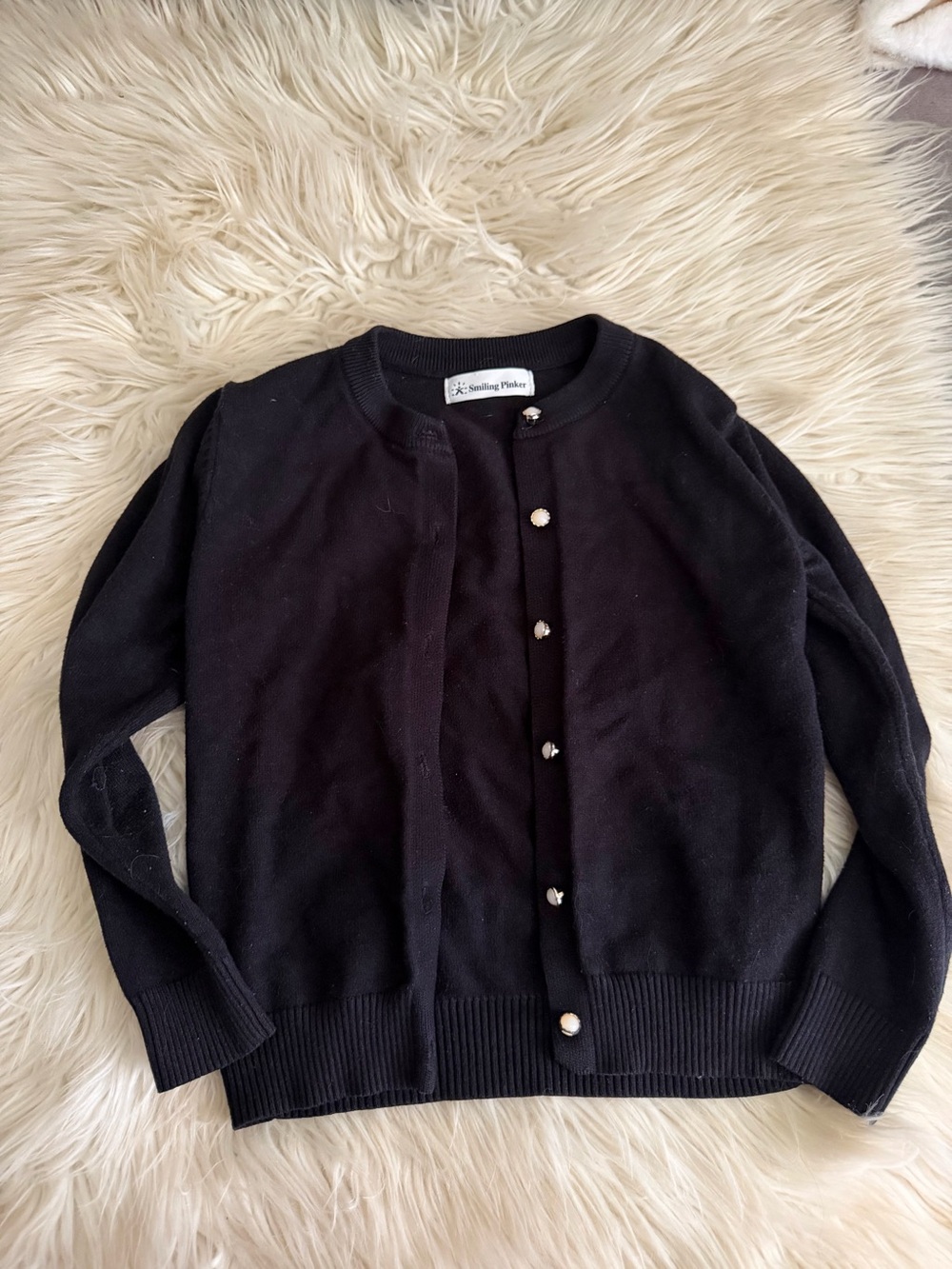 Girls Black Pearl-Button Crewneck Cardigan Sweater